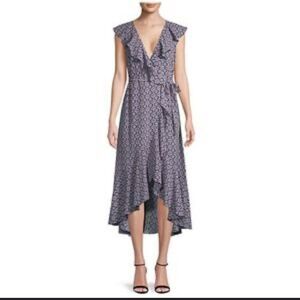 Max Studio Women's Ruffle Front Geometric Print Midi Dress Sz Medium Pink Navy